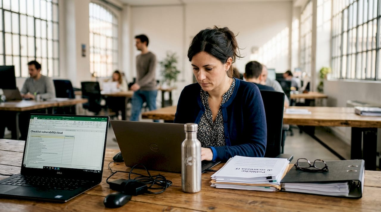 L’amministratore dell’ufficio si occupa della verifica delle vulnerabilità nel cloud, monitorando costantemente la checklist per garantire la sicurezza dei dati aziendali.