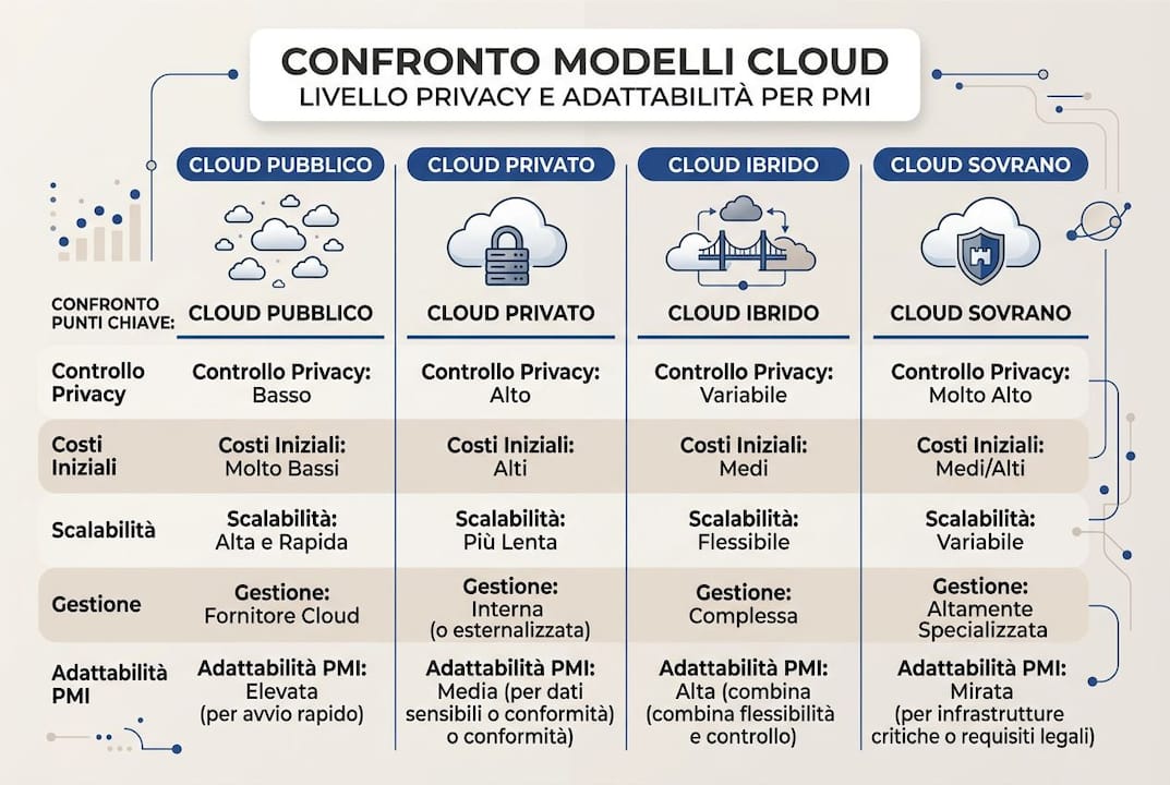 Infografica sui modelli di cloud pubblico e privato: livelli di privacy a confronto