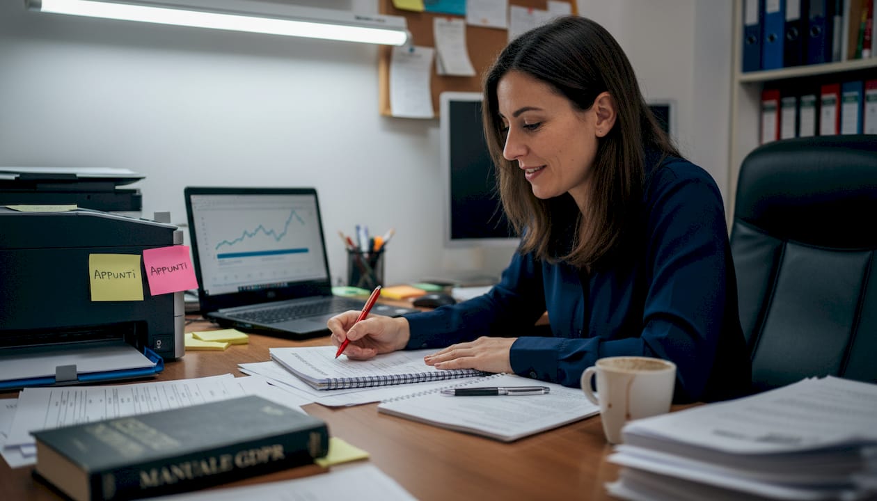 Titolare di una piccola impresa che controlla la lista dei rischi da tenere sotto controllo