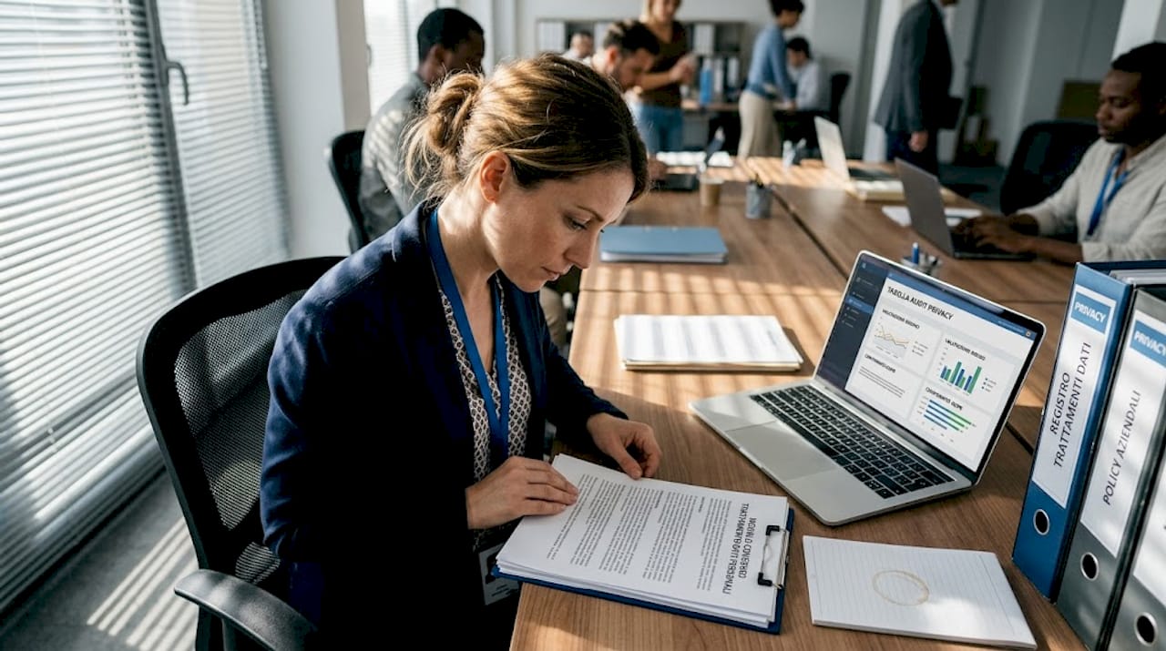 Una donna sta esaminando documenti sulla privacy mentre lavora in uno spazio condiviso.