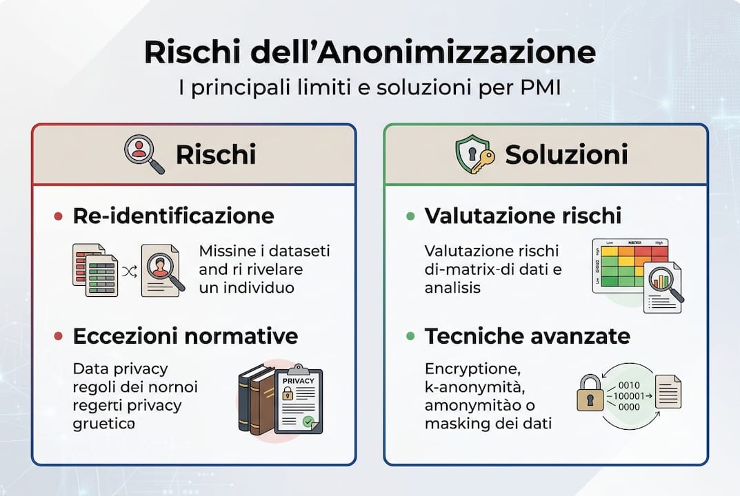 Infografica che mette in luce le criticità e le possibili strategie per una corretta anonimizzazione dei dati