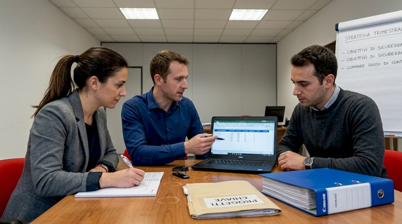 Il team si riunisce per esaminare insieme il documento sull'analisi dei rischi.