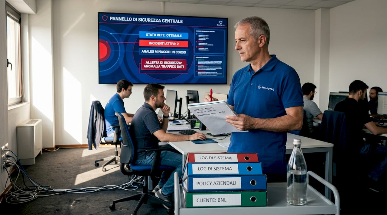 Un tecnico consulta appunti e documentazione all’interno dell’area dedicata alla sicurezza.