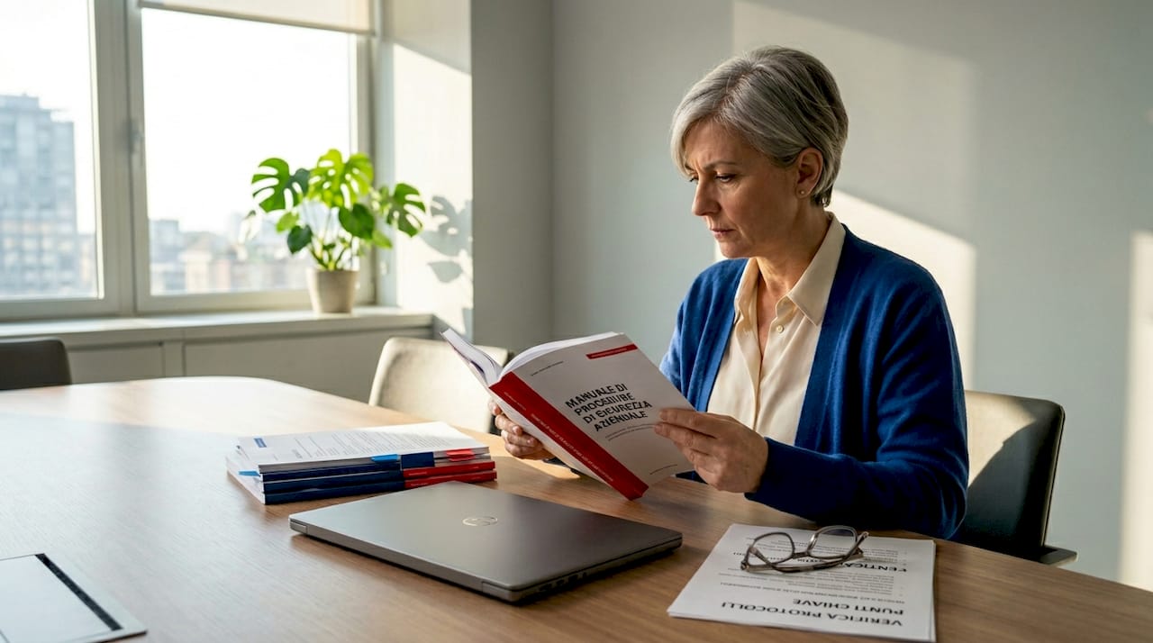 Un manager sta consultando il manuale sulla sicurezza durante una riunione.