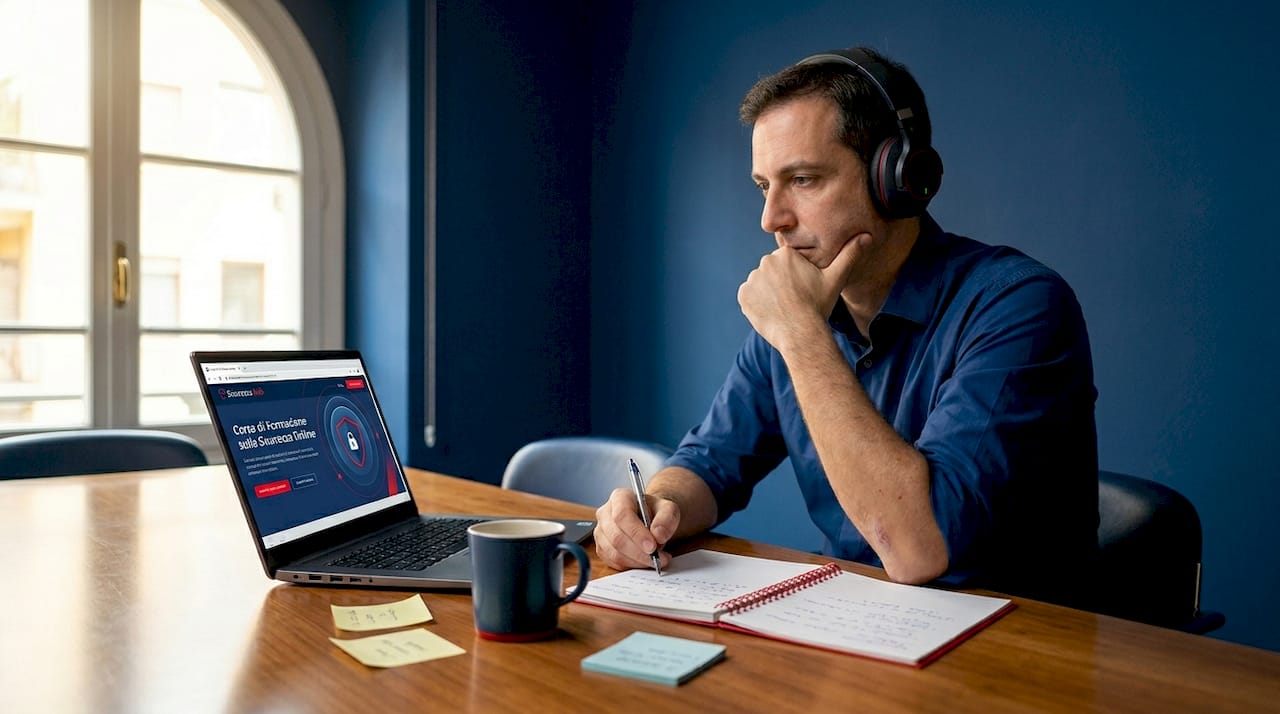 Un dipendente segue un corso online sulla sicurezza direttamente dalla sua postazione di lavoro.
