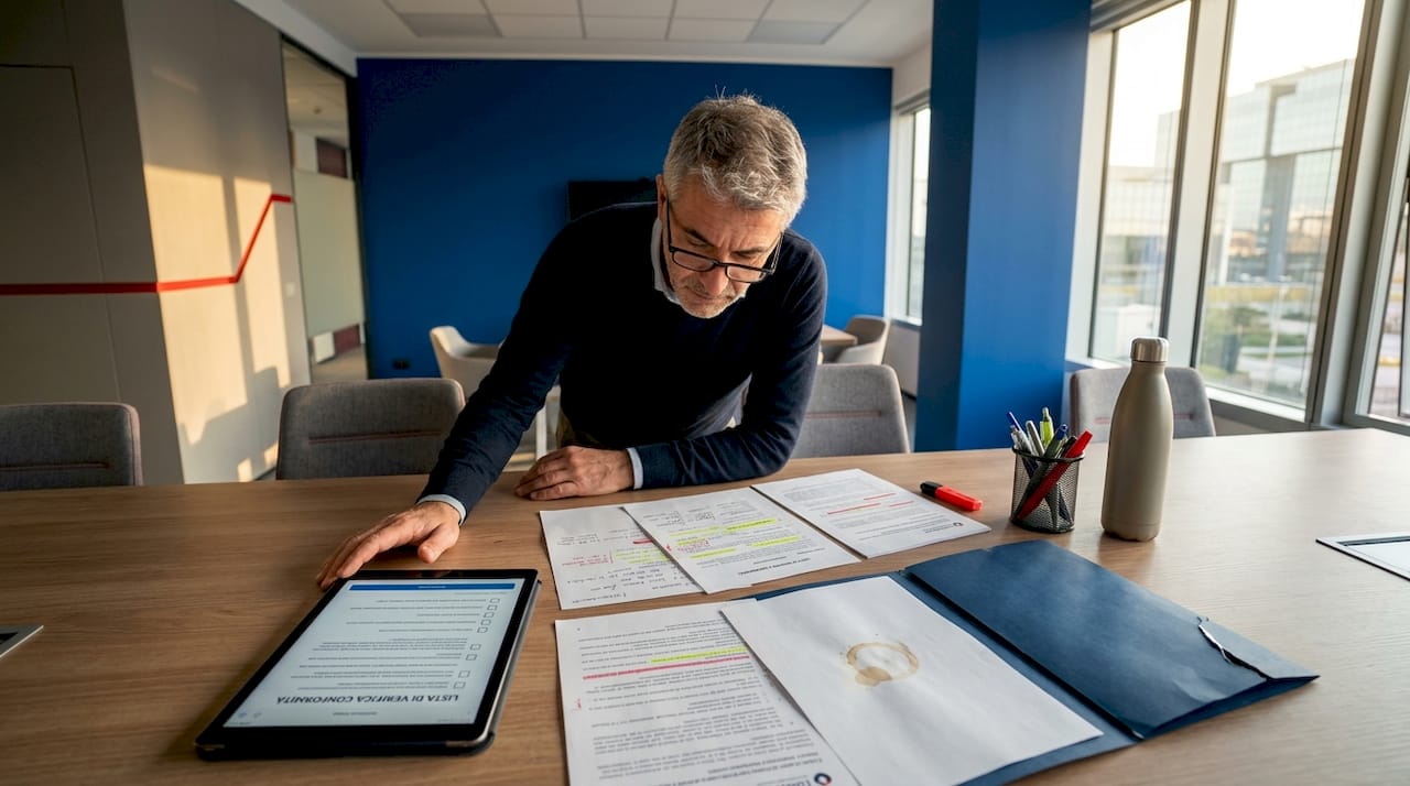 Un auditor esamina la documentazione cartacea relativa agli standard ISO.