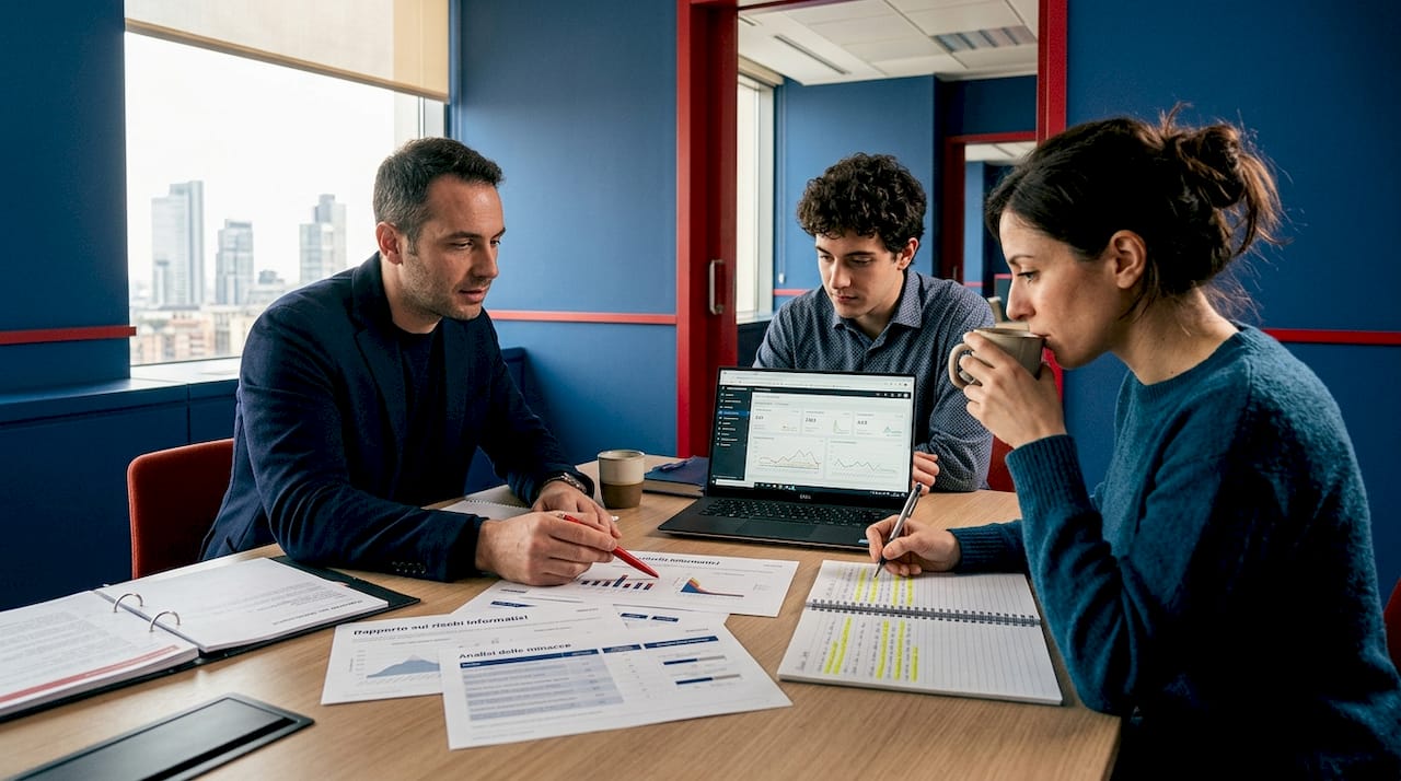 Un piccolo gruppo di colleghi si confronta in ufficio sui dati relativi alla sicurezza.