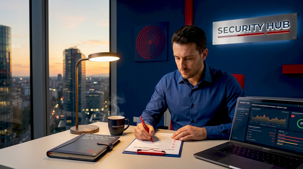 Responsabile della sicurezza che compila la checklist alla scrivania