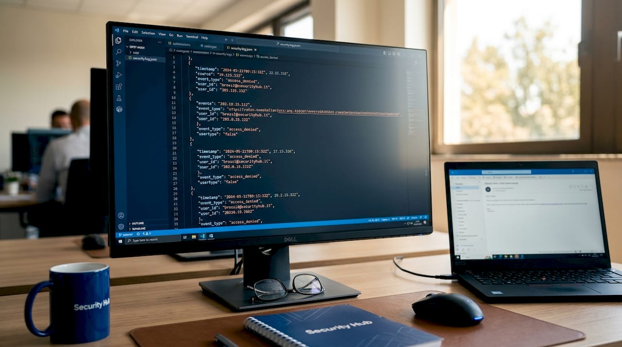 Schermata del computer con registri di sicurezza in formato JSON