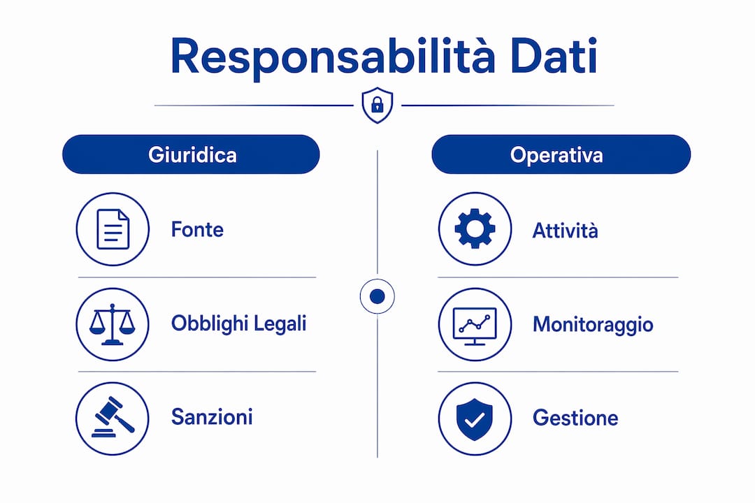 Un’infografica che illustra in modo chiaro le principali differenze tra responsabilità legale e responsabilità operativa.