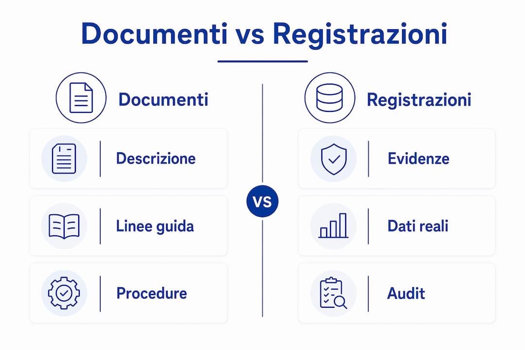 Infografica che mette a confronto i diversi tipi di documenti e le registrazioni previste dalla normativa ISO