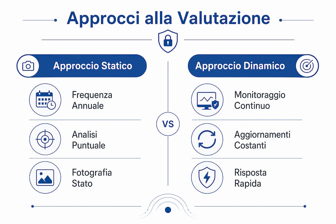 Infografica che mette a confronto le strategie statiche e dinamiche per la valutazione delle minacce