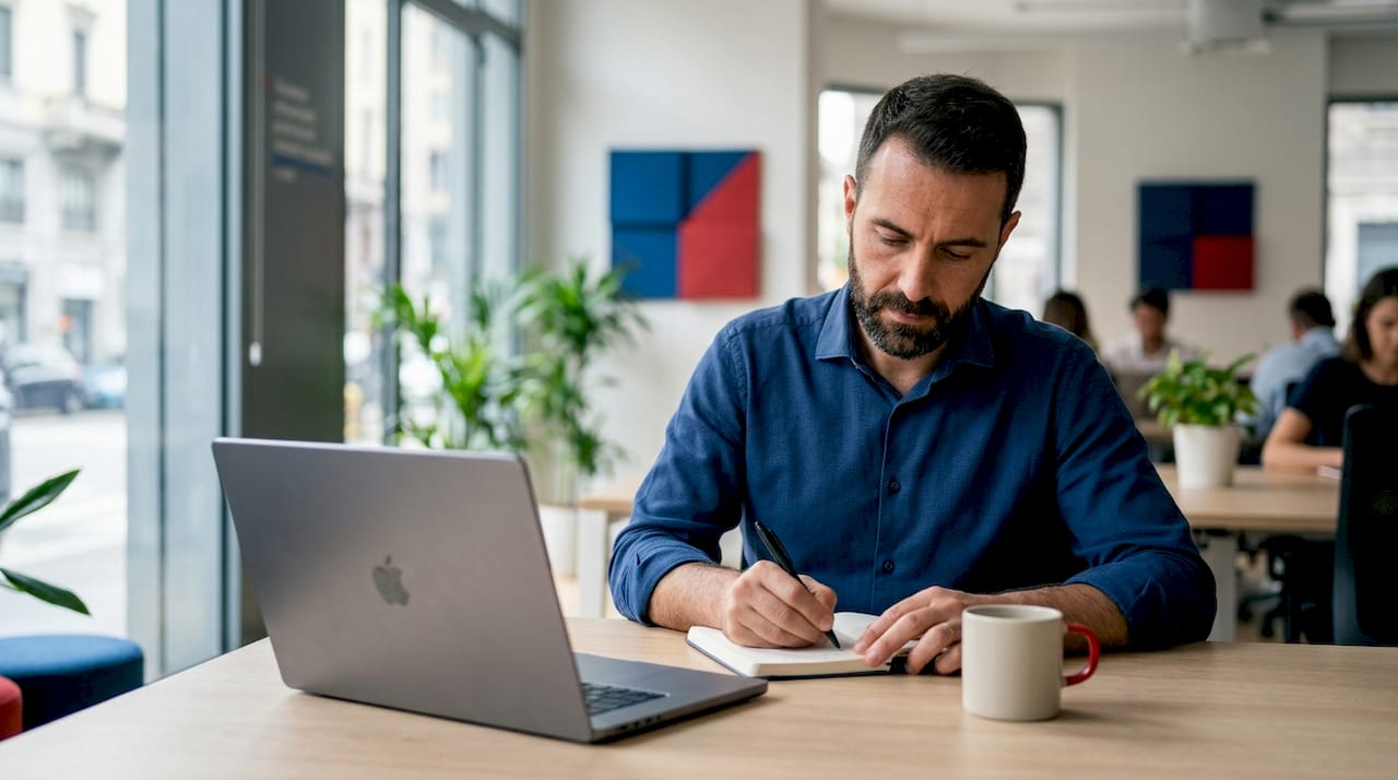 Uomo davanti al computer che lavora con strumenti digitali
