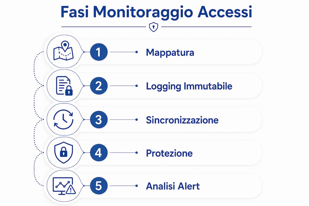 Infografica sulle diverse fasi del controllo e monitoraggio degli accessi ai dati