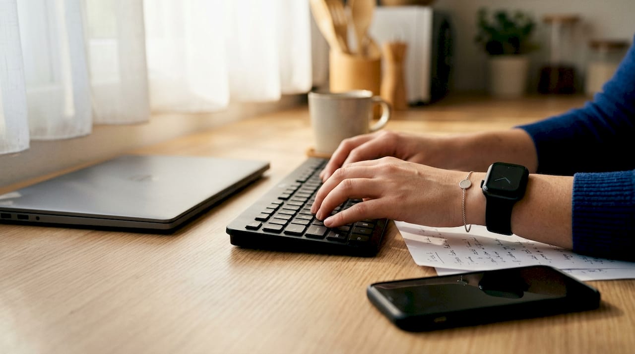 Le mani che digitano sulla tastiera nello studio di casa