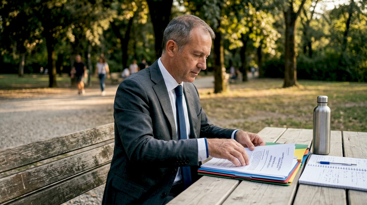 Mani che selezionano e organizzano documenti relativi alla sicurezza aziendale