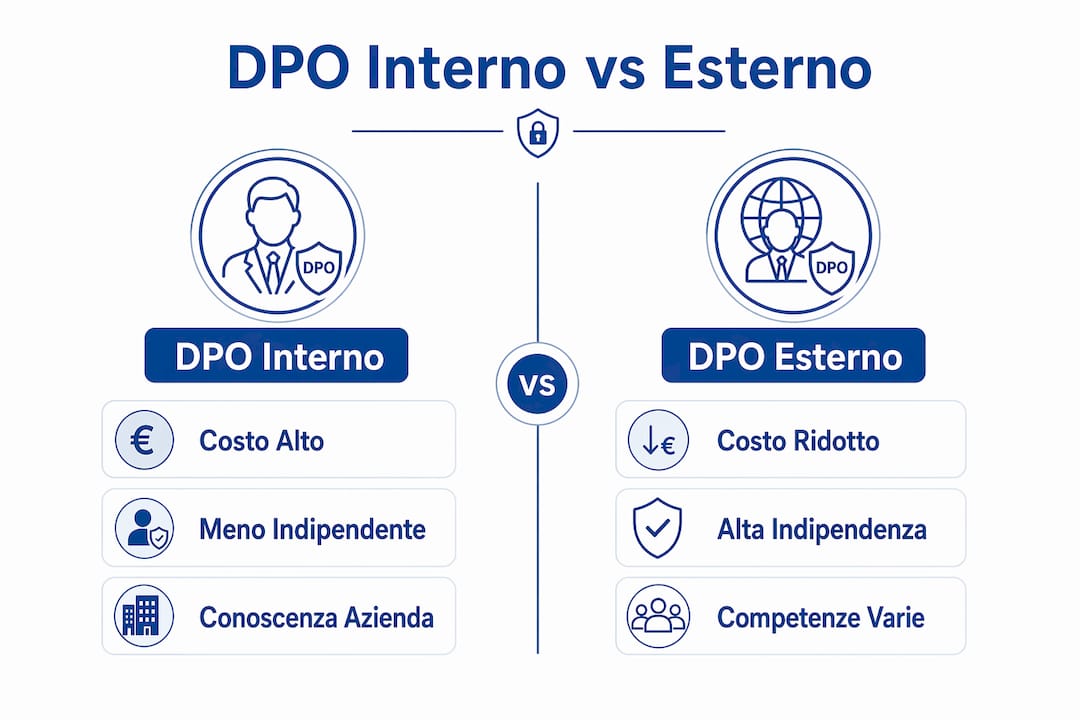 Confronto tra DPO interno ed esterno: infografica illustrativa