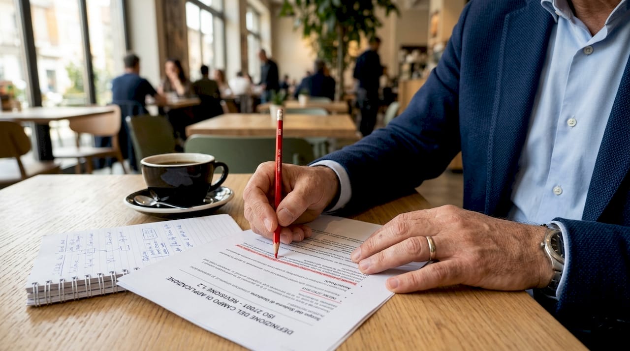Mani che compilano il documento di definizione dell’ambito per la certificazione ISO 27001 su una scrivania