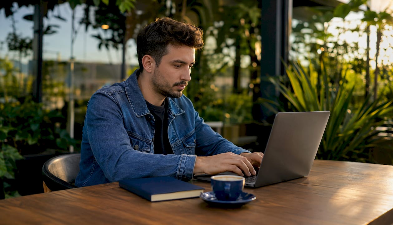 Un esperto informatico al lavoro su un portatile in uno spazio di coworking