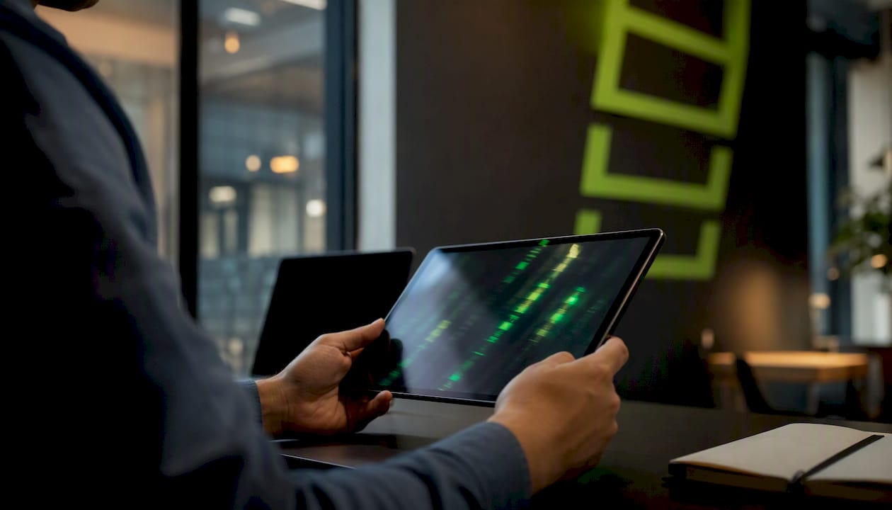 Ręce trzymające smartfon z odbiciami kodu