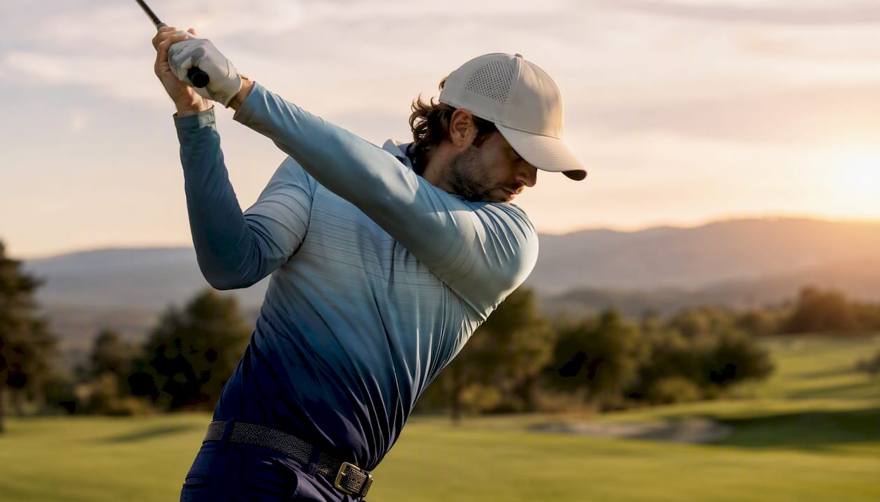 Golfer swinging in fashion-forward golf apparel