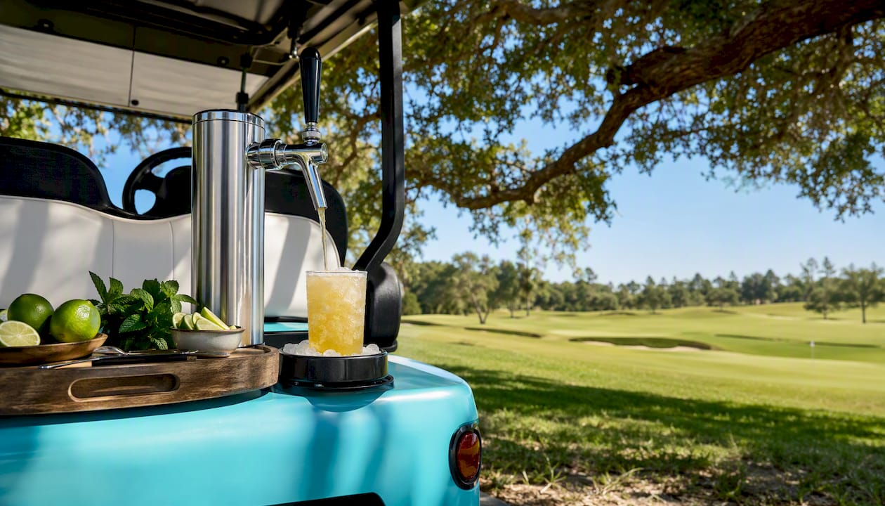 Cocktail dispenser pouring Moscow Mule on golf cart