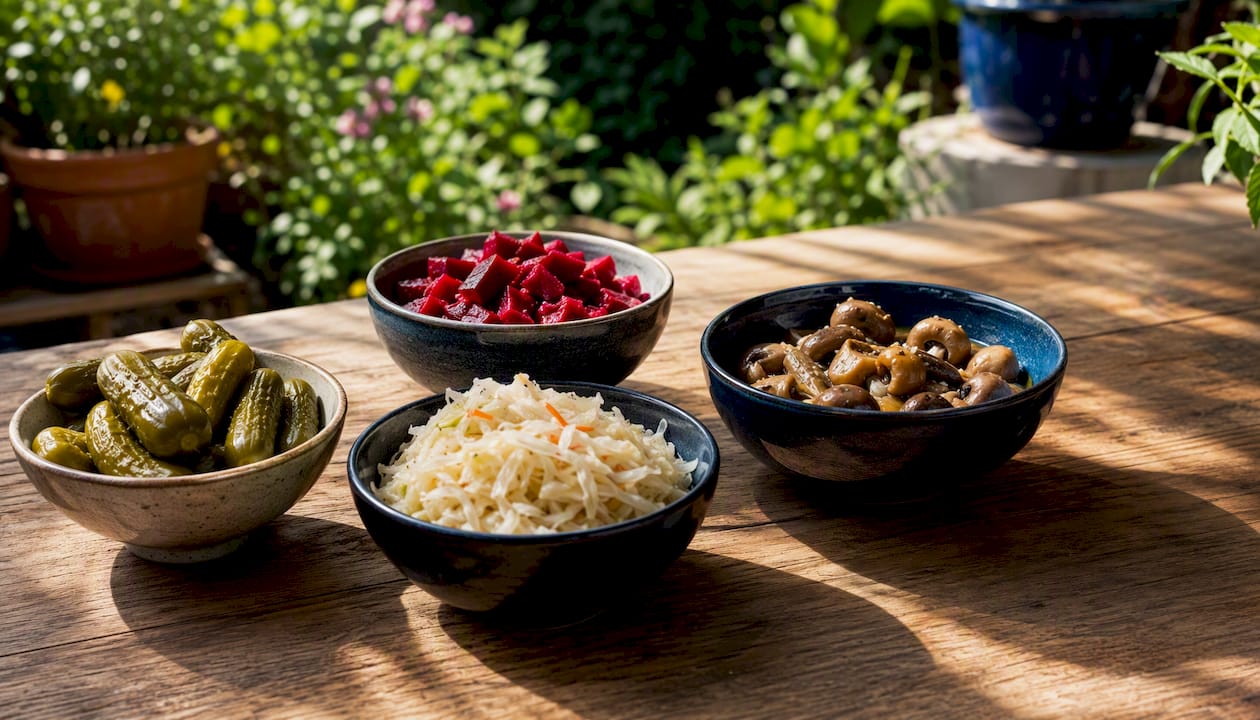 Variety of pickled and fermented foods on board