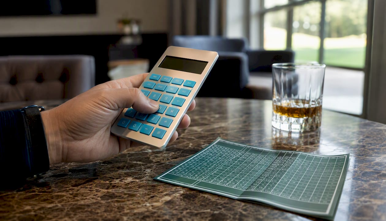 Hand using calculator for proof conversion