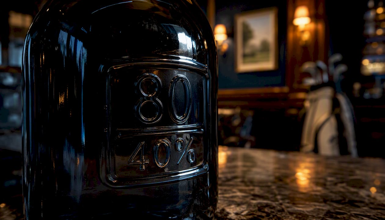 Close-up of vodka bottle label showing proof and ABV
