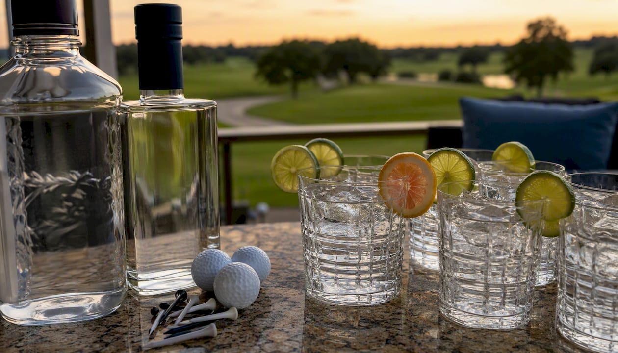 Vodka handle and standard bottle on golf patio