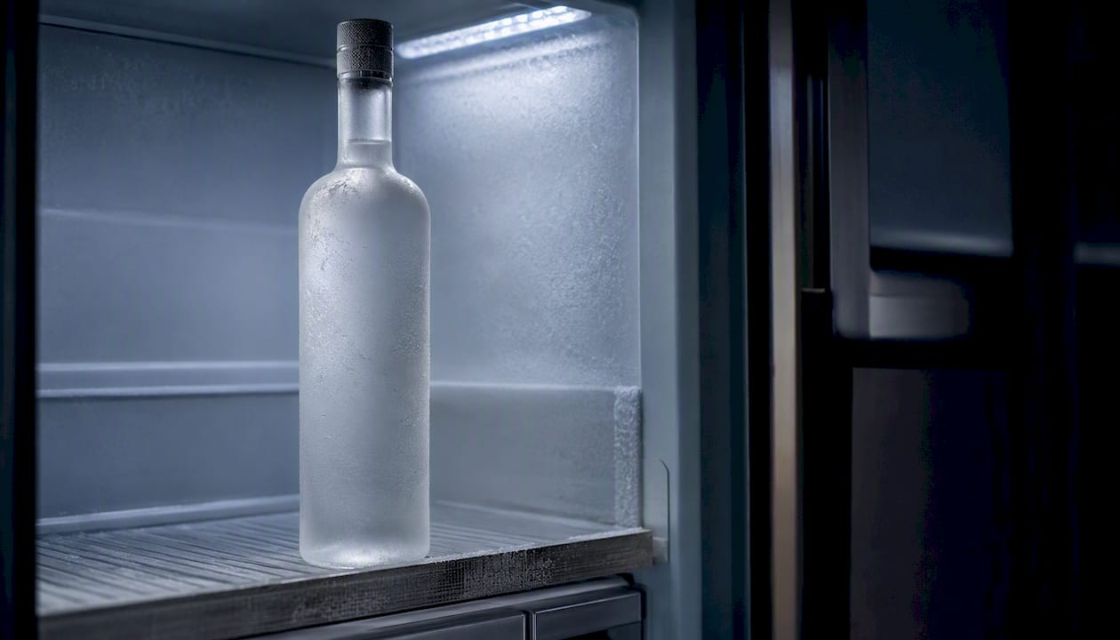 Vodka bottle with frost inside freezer