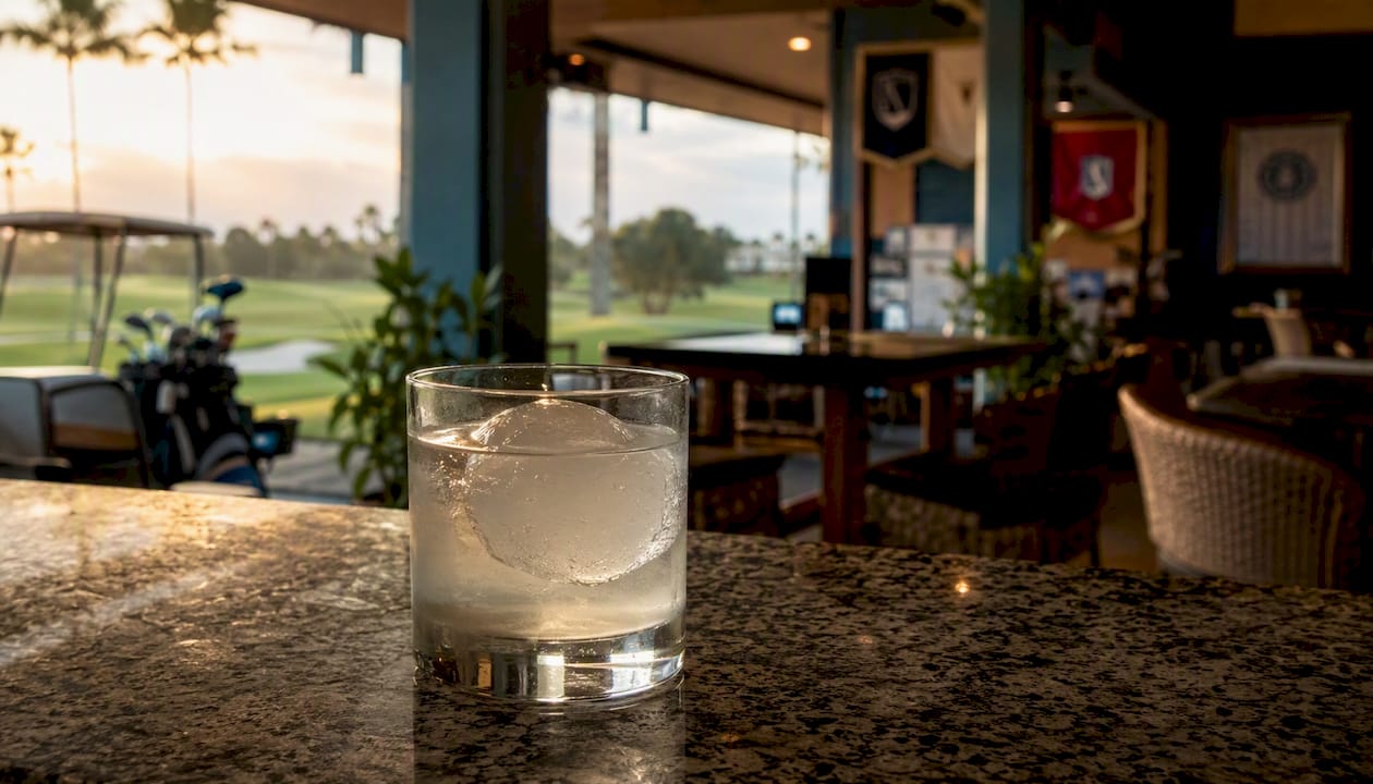 Chilled vodka glass in golf-themed bar setting