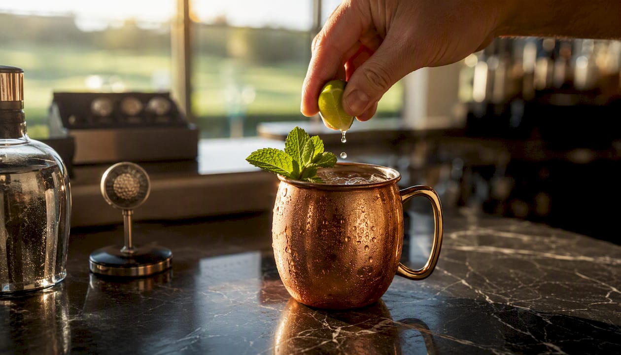 Hand squeezing lime over Moscow Mule in copper mug