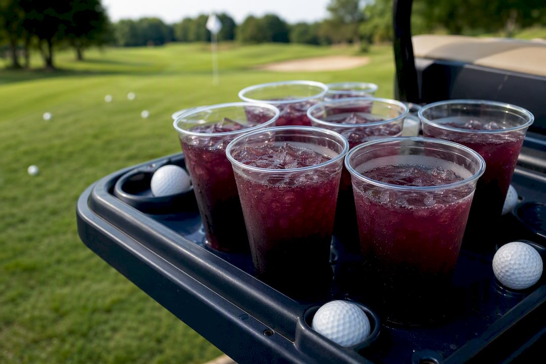 Plastic cups with grape juice vodka cocktail on golf cart tray