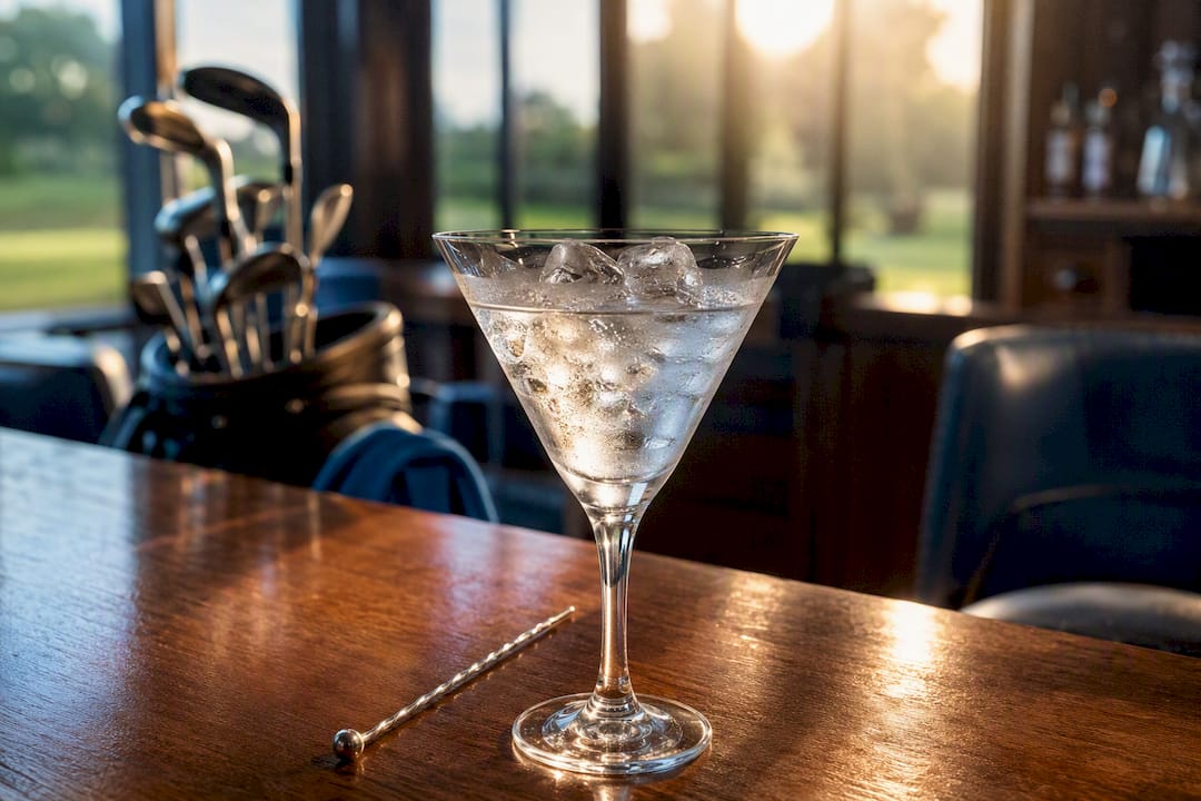 Chilled martini glass with ice water
