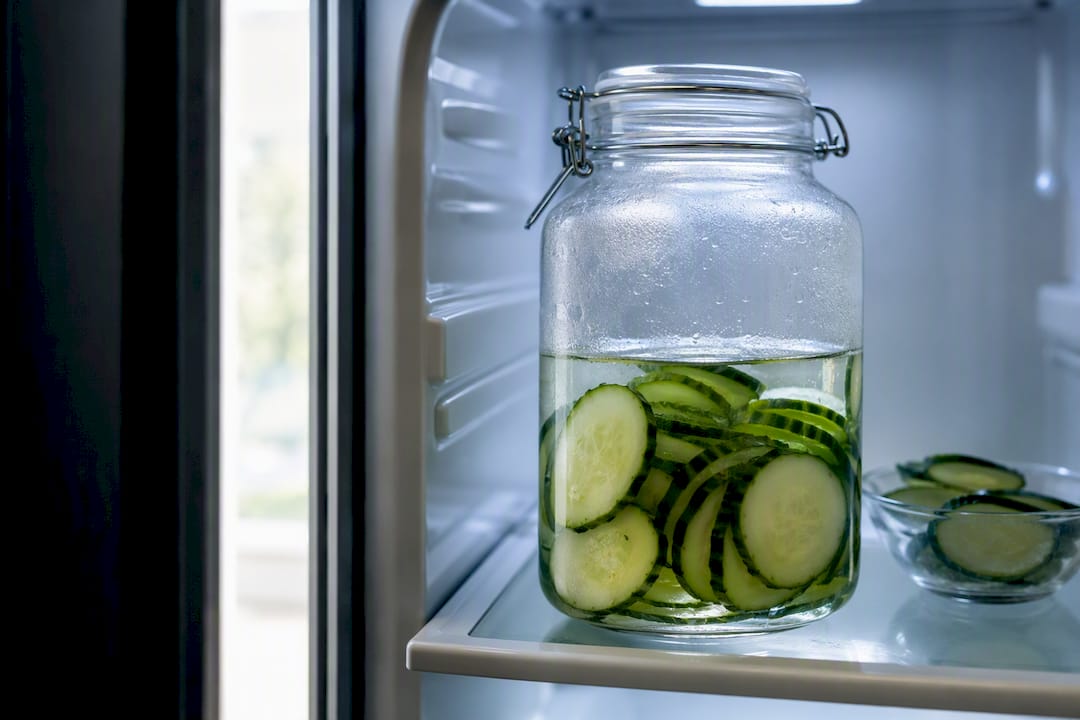 Cucumber infusion jar stored in refrigerator