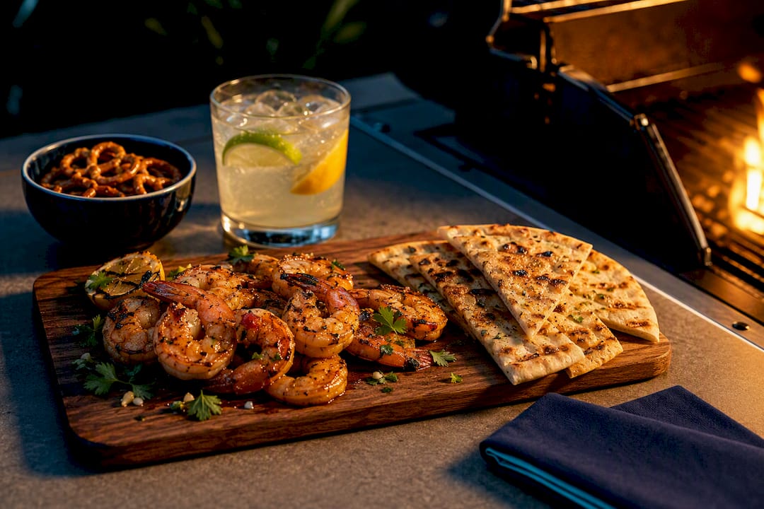 Grilled shrimp and flatbread with golf cocktails