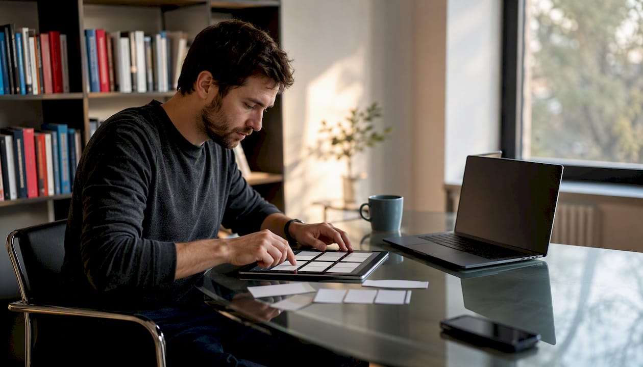 Manos organizando hojas de feed de productos sobre una mesa
