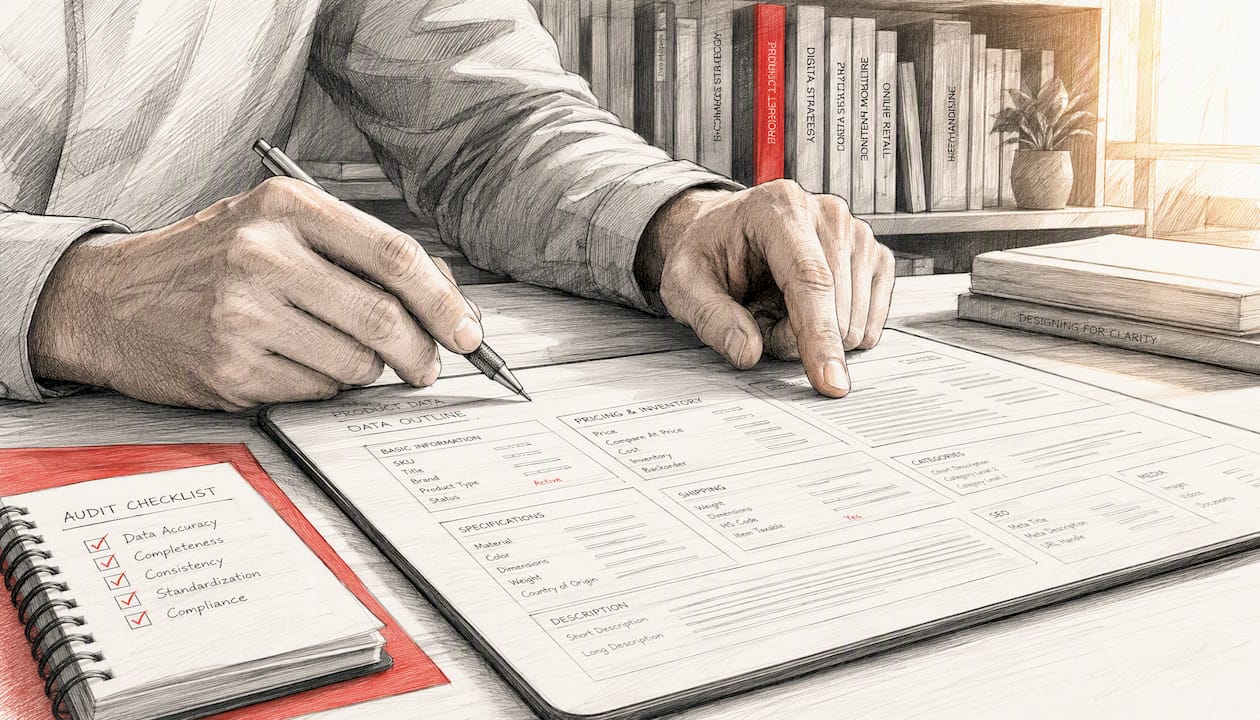 Primer plano de unas manos auditando datos del feed de productos