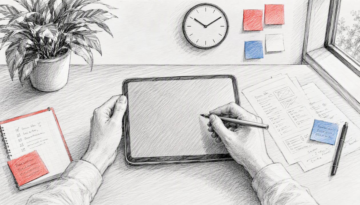 Hands entering data on tablet
