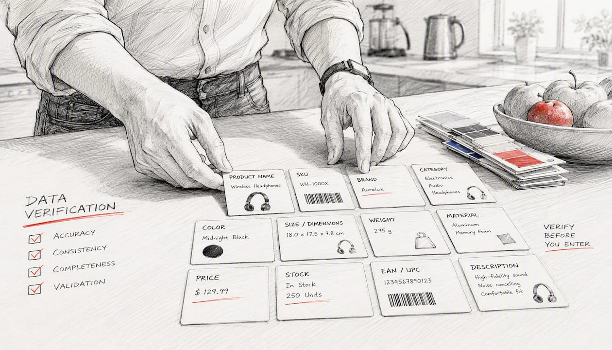 Manos organizando notas de atributos de producto