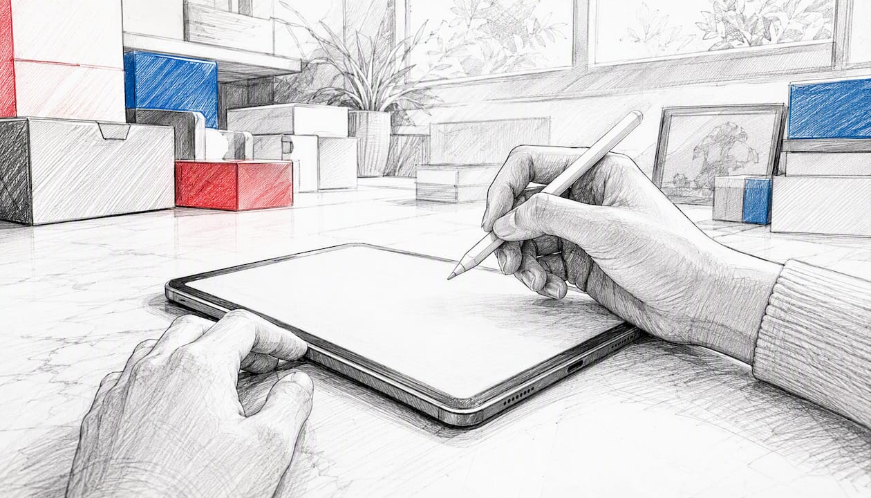Hands holding stylus over blank tablet for support