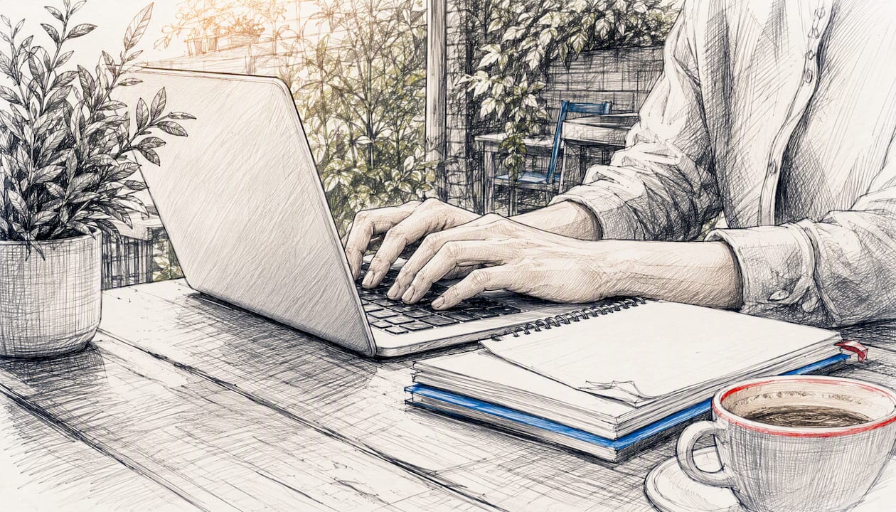 Hands typing product copy in ecommerce workspace