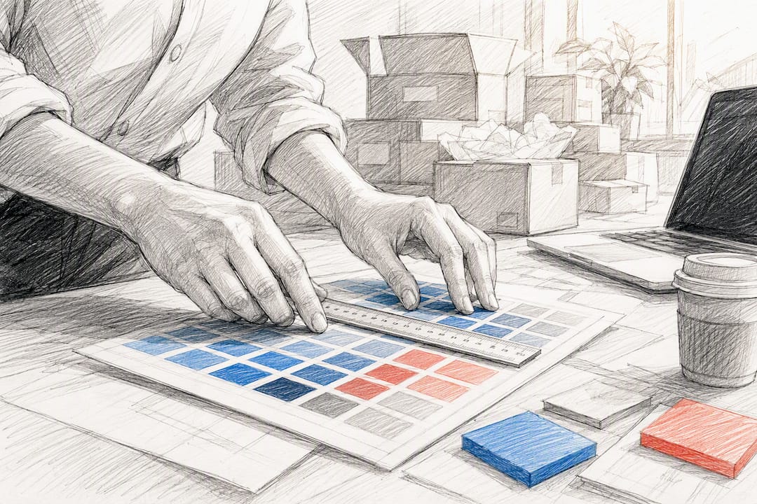 Hands adjusting product design materials on light table