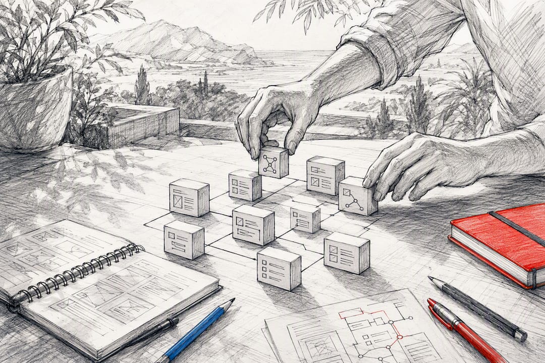 Hands organizing topical cluster cards on desk