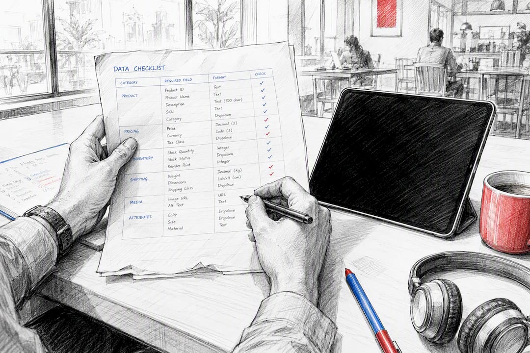 Manos revisando una lista de verificación de datos de producto de ecommerce