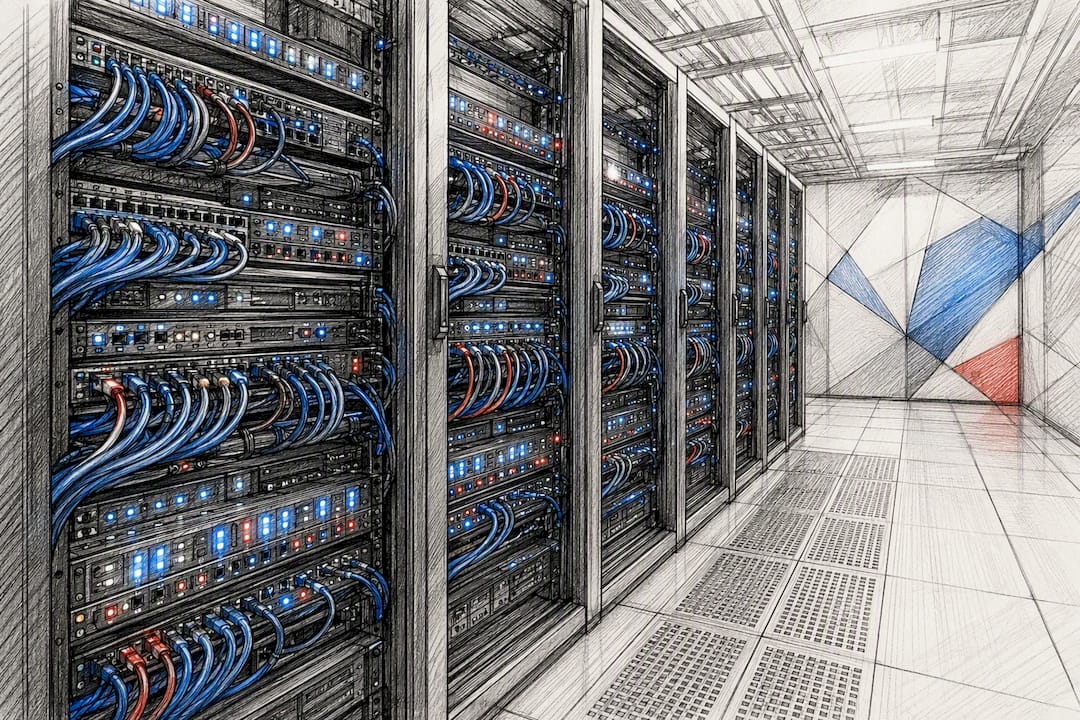 Racks de servidores con cables de red y luces