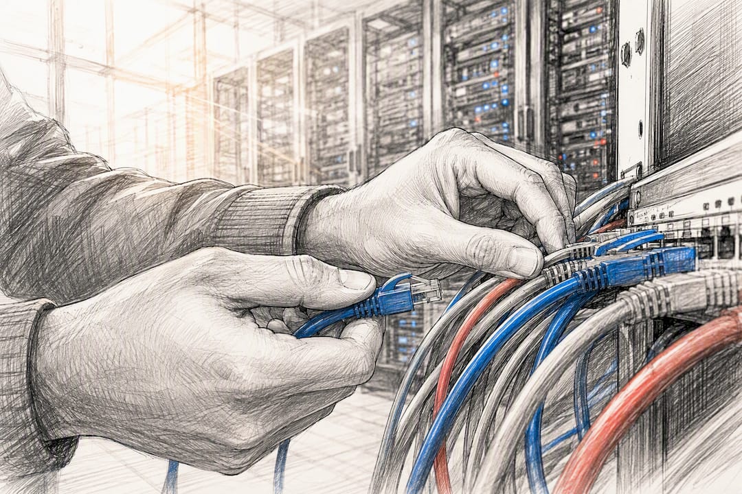 Hands adjusting server hardware cables