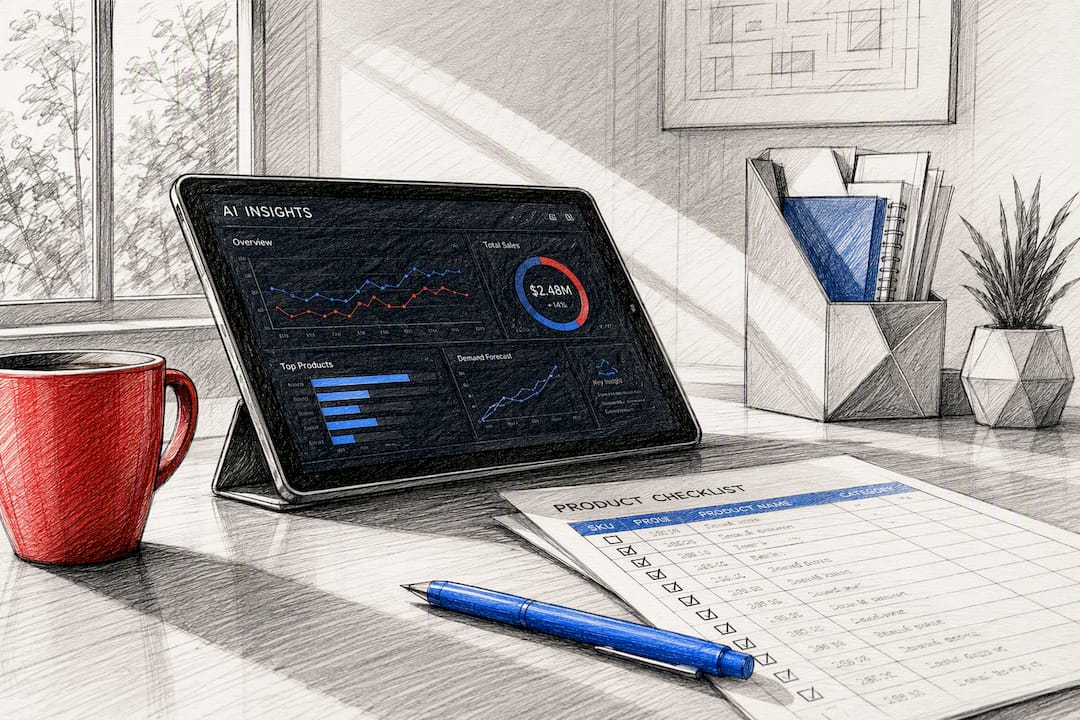 Workspace with tablet and product checklist