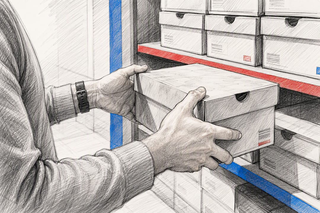 Manos sujetando el borde de una caja de zapatillas de running